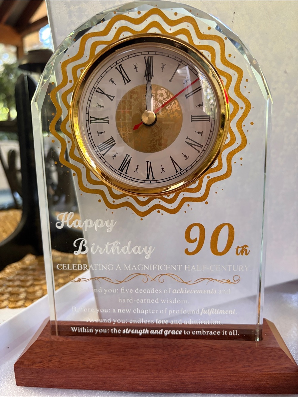Gold Accent 90th Birthday Glass Clock Plaque